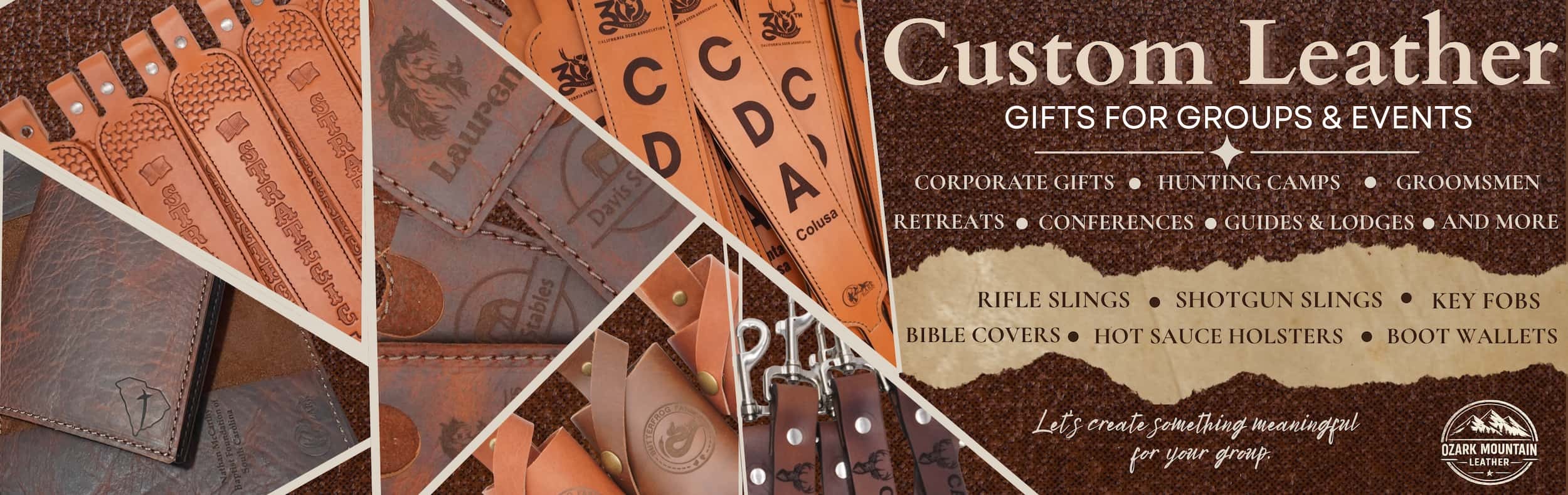 Personalized Leather Gifts for Groups Businesses and Events | Ozark Mountain Leather Handmade personalized leather gifts including custom rifle slings, shotgun slings, Bible covers, keychains, boot wallets, and hot sauce holsters for corporate gifts, hunting camps, retreats, conferences, and group events.